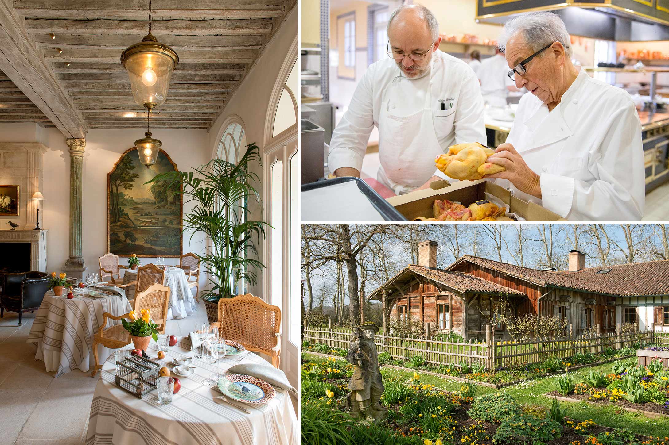 Η τραπεζαρία ευάερο είναι διακοσμημένο με έργα ζωγραφικής του τοπίου στον τοίχο.  |  Guérard επιθεωρεί την παραγγελία των τοπικών κοτόπουλα με chef de cuisine Olivier Brulard.  |  Ένα κτίριο του 18ου αιώνα πίσω από το ξενοδοχείο διαθέτει ένα σπα θερμική άνοιξη.