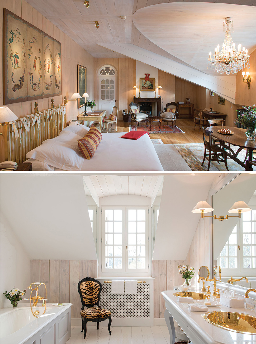 Top: Ένα υπνοδωμάτιο στο ξενοδοχείο, ένα ακίνητο Relais & Château.  |  Κάτω: Ένα από τα μπάνια του ξενοδοχείου, με μπανιέρα και μια καρέκλα leopard-print.