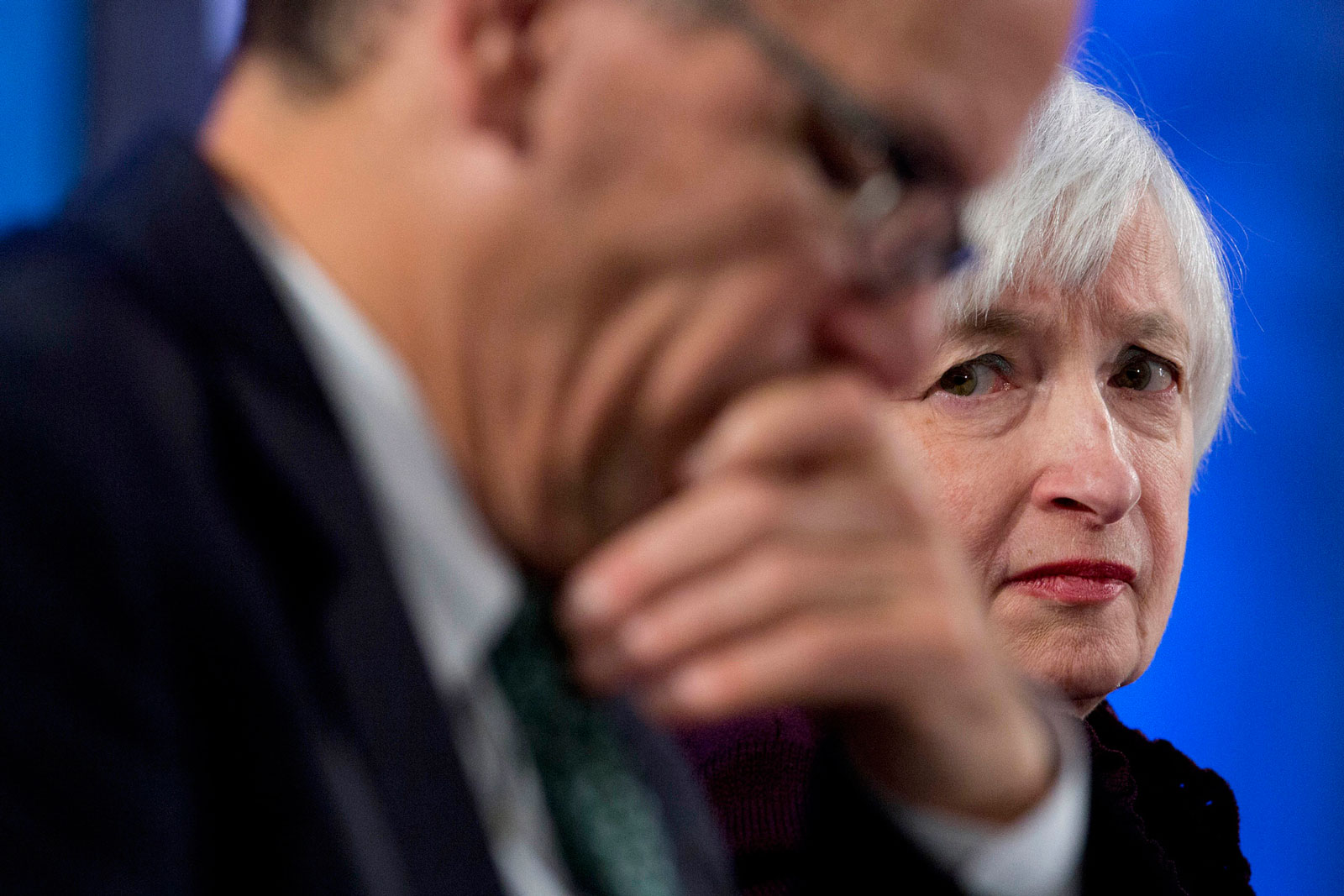 Janet Yellen, chair of the U.S. Federal Reserve, looks toward Thomas Perez, U.S. secretary of labor, during a Labor Hall of Fame Honor induction ceremony