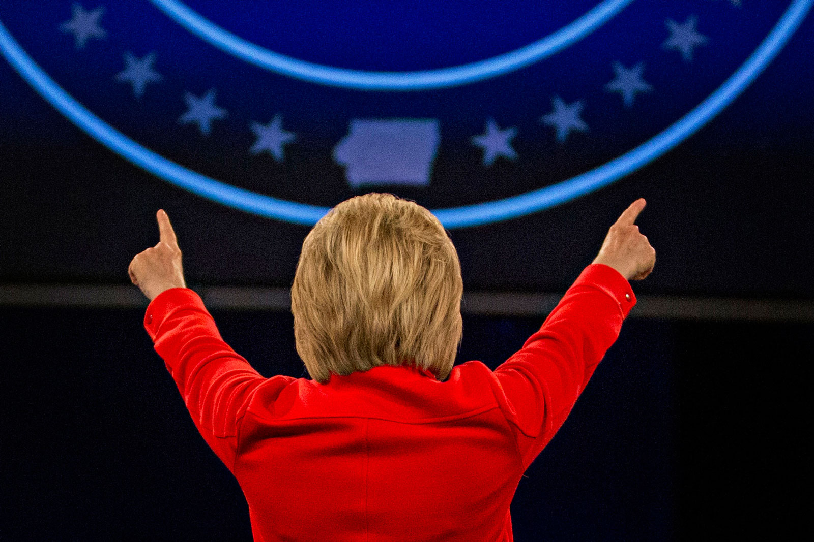 Hillary Clinton, former secretary of state and now a 2016 Democratic presidential candidate, acknowledges the crowd during introductions at the Jefferson-Jackson Dinner in Des Moines