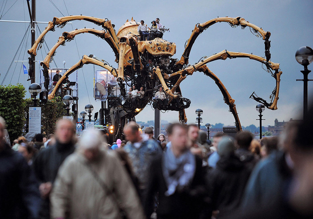 A mechanical spider explores Liverpool in 2008.
