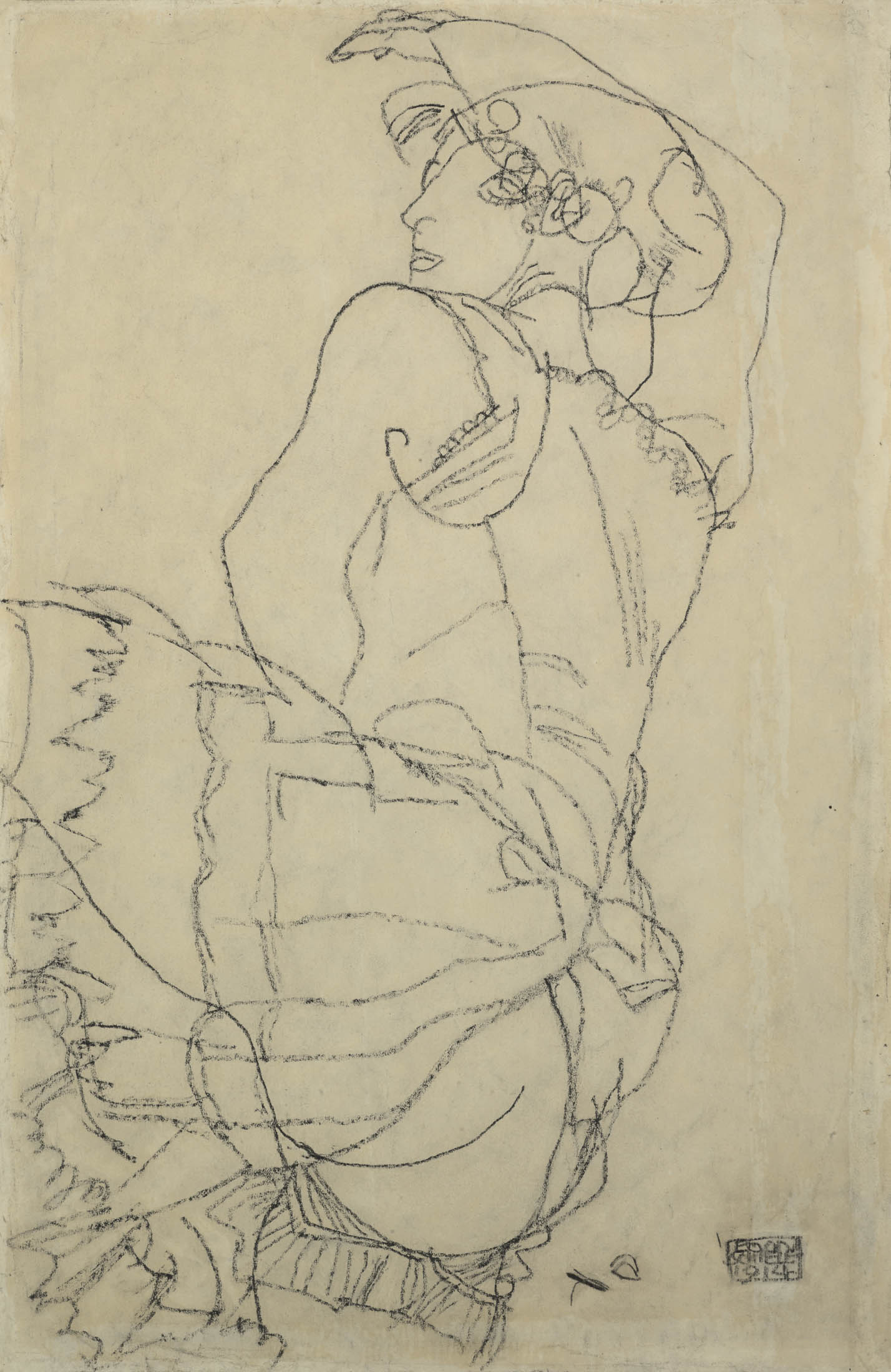 Egon Schiele, Woman in Underclothes With Raised Right Arm, and Crouching Nude (on the reverse), 1914