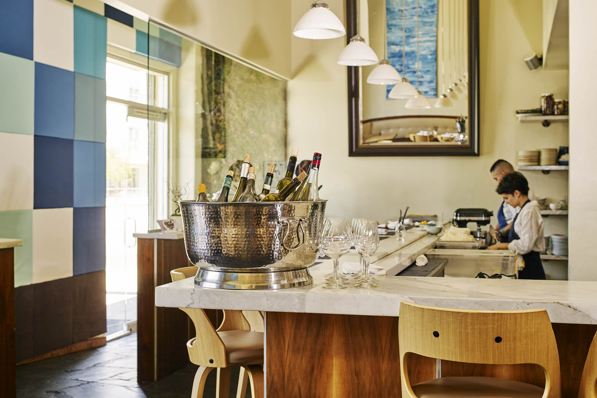 Kali’s modern dining room prepares for lunch. 
