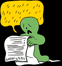 illustration of a small distressed person reading a testimony