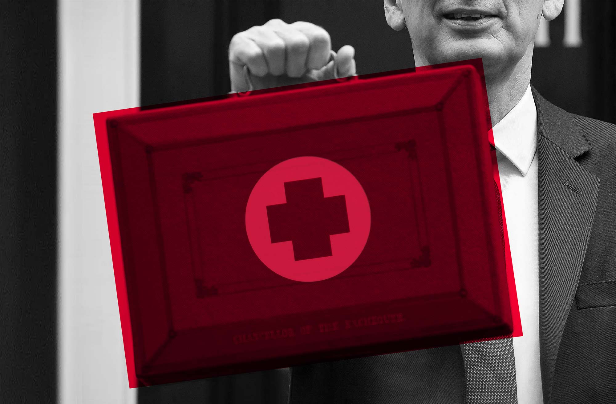 Photo illustration of Philip Hammond holding the red budget briefcase, made to look like a red first-aid kit