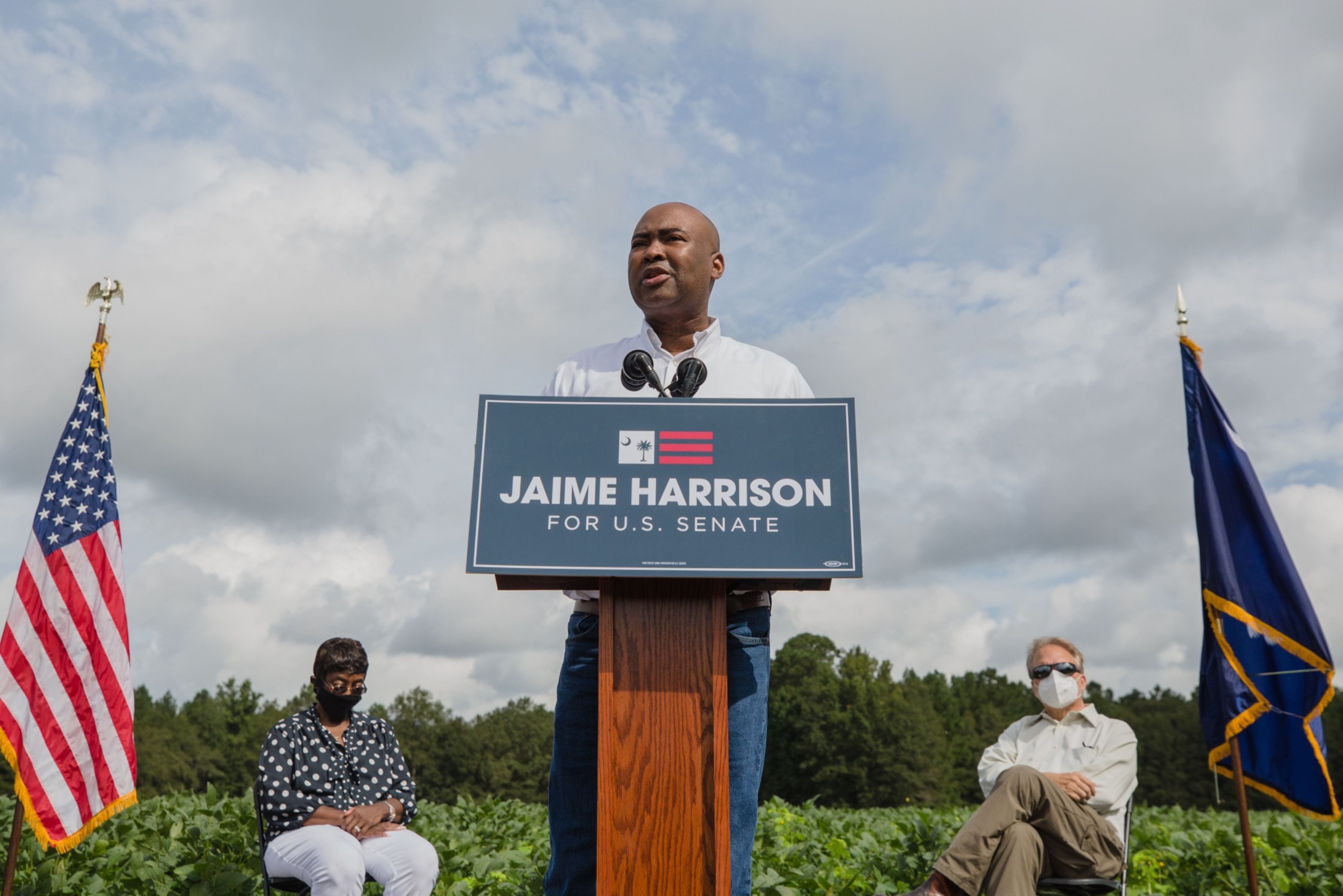 Jaime Harrison speaks at a “Rural Hope Agenda” event in Rowesville, South Carolina, U.S., on Friday, Aug. 28, 2020.