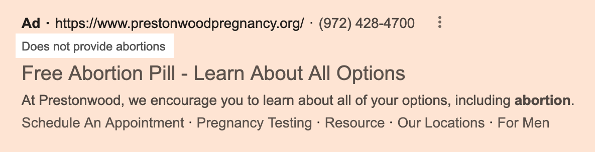 Screenshot of Prestonwood Pregnancy ad in Google Search results