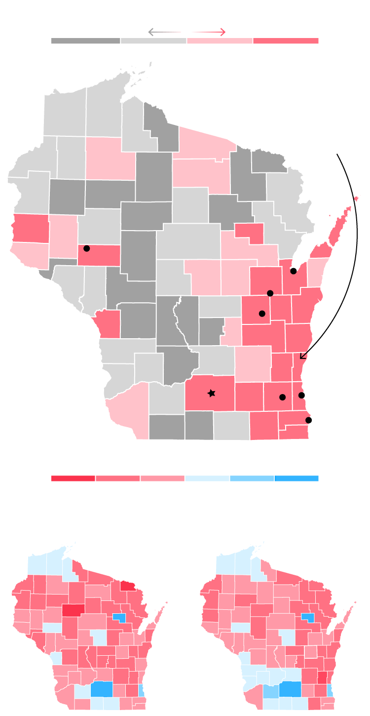 This graphic has three maps: a big one, that shows the difference between Trump and Johnson’s performances in their respective elections in 2016. Johnson outperformed Trump in Milwaukee and in the counties around Milwaukee, and in Mdison. Trump outperformed Johnson in more rural counties. Two tinier maps under the big one show the results of the 2016 election for Trump and for Johnson. Trump won the 2016 presidential race in Wisconsin with 47.2% of the votes. Johnson won the senate race with 50.2% of the votes. 