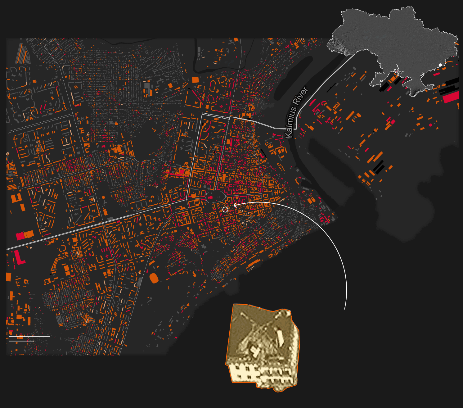 Map of the city of Mariupol where buildings are colored by the level of damage they've endured. Red is entirely destroyed, orange is some damage. Almost the entire city is colored.