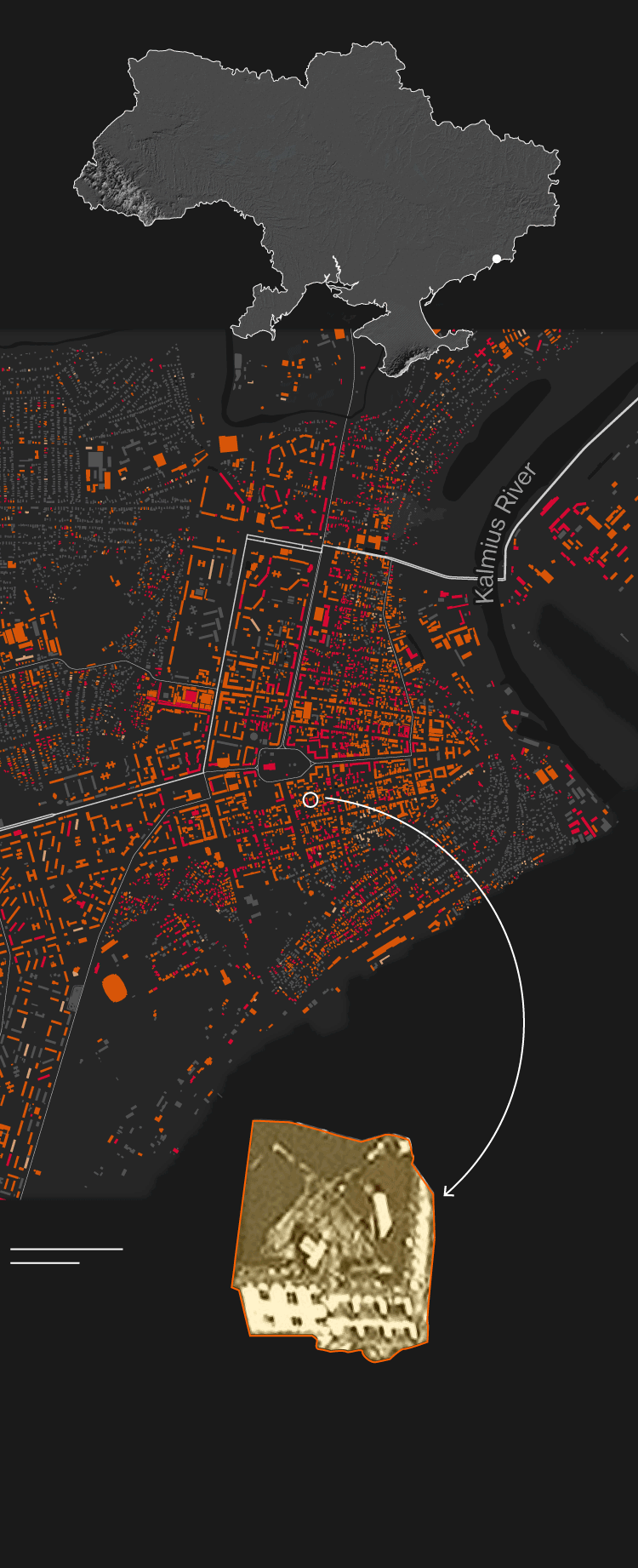 Map of the city of Mariupol where buildings are colored by the level of damage they've endured. Red is entirely destroyed, orange is some damage. Almost the entire city is colored.