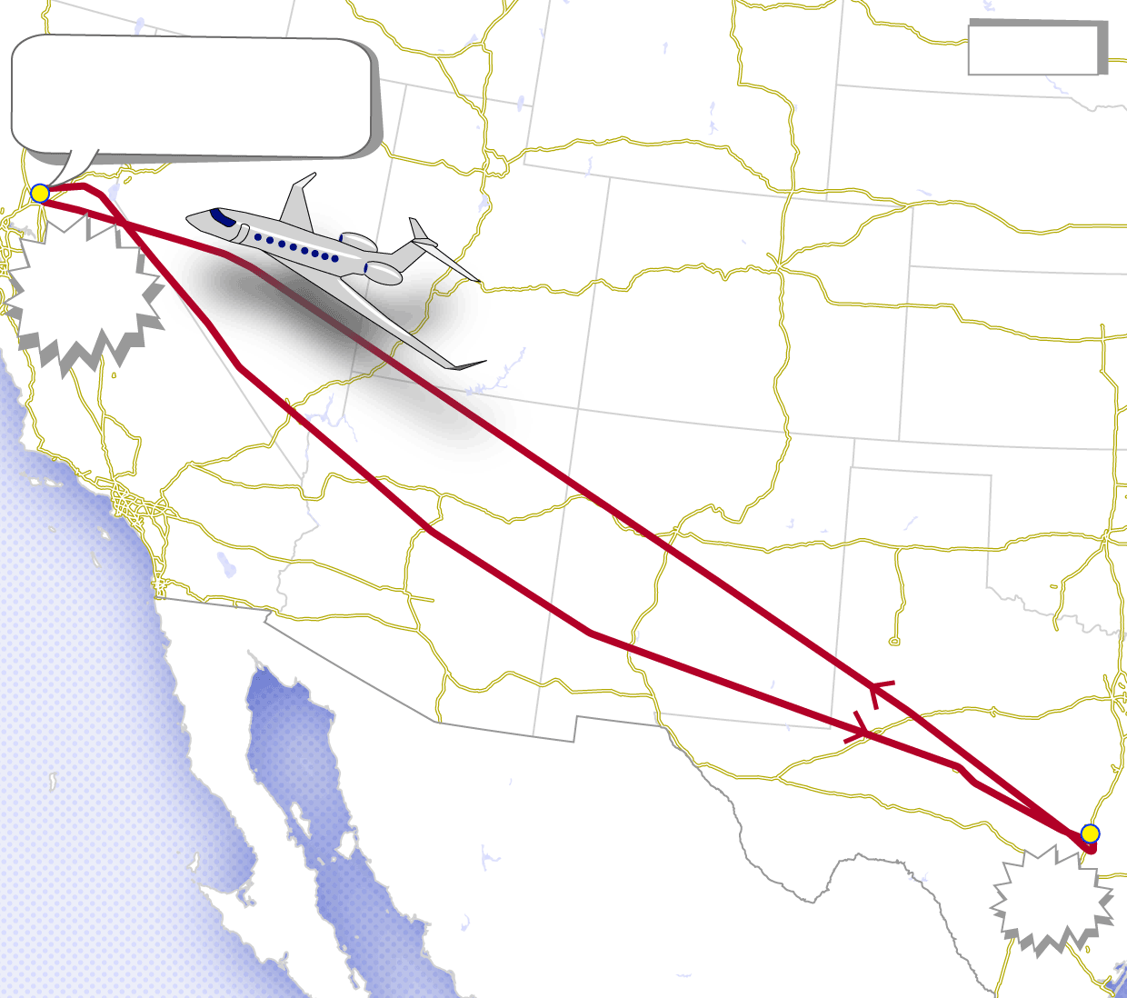 &ldquo;A map representing a roundtrip Elon Musk&rsquo;s jet took between Austin and Sacramento. The trip from Austin (where Tesla HQ are located) to Sacramento was 2 and a half hours, and the trip back 3 hours. The plane stayed grounded at destination in Sacramento &mdash; where a Twitter data center is located &mdash; for 24 minutes before turning around.&rdquo;