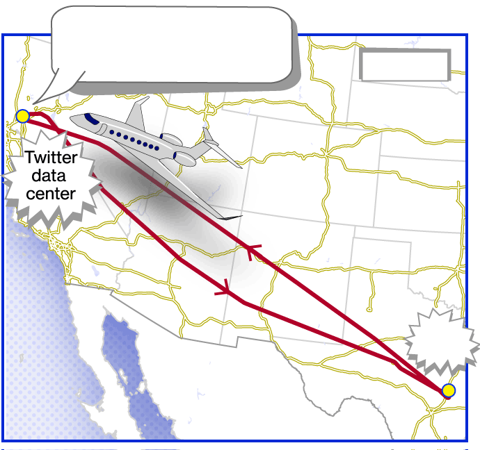 &ldquo;A map representing a roundtrip Elon Musk&rsquo;s jet took between Austin and Sacramento. The trip from Austin (where Tesla HQ are located) to Sacramento was 2 and a half hours, and the trip back 3 hours. The plane stayed grounded at destination in Sacramento &mdash; where a Twitter data center is located &mdash; for 24 minutes before turning around.&rdquo;