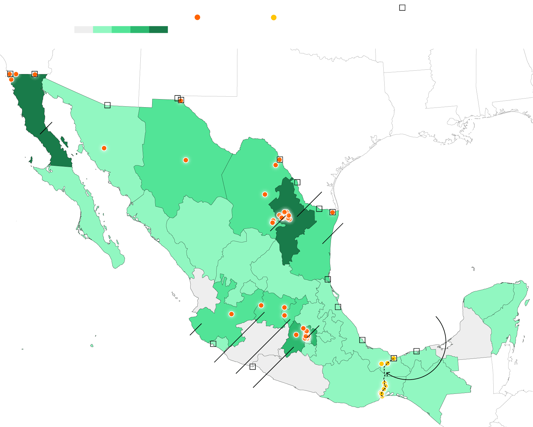 A map showing Mexican states colored by the number of built industrial parks or warehouses per state. Baja California and Nuevo León have the most number of built parks. There are also many parks in construction in MOnterrey and Mexico City.