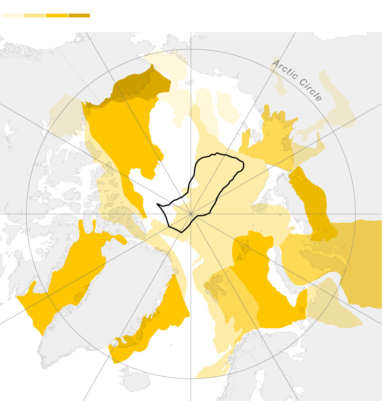 Map of the Arctic circle shows estimated oil reserves across the entire region including area of overlapping national claims