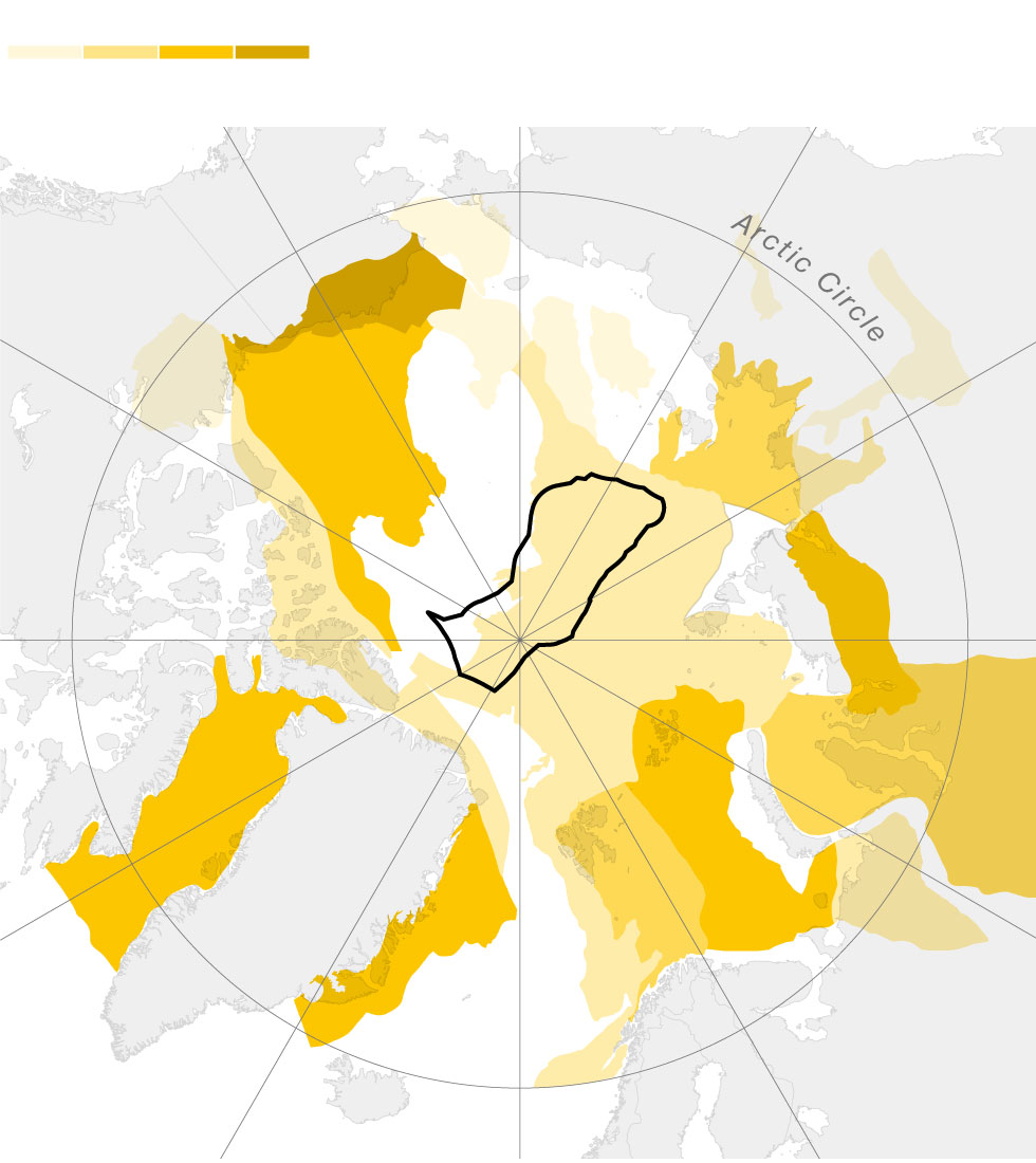 Map of the Arctic circle shows estimated oil reserves across the entire region including area of overlapping national claims