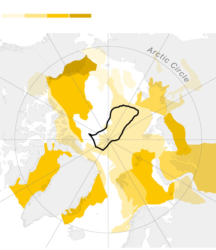 Map of the Arctic circle shows estimated oil reserves across the entire region including area of overlapping national claims