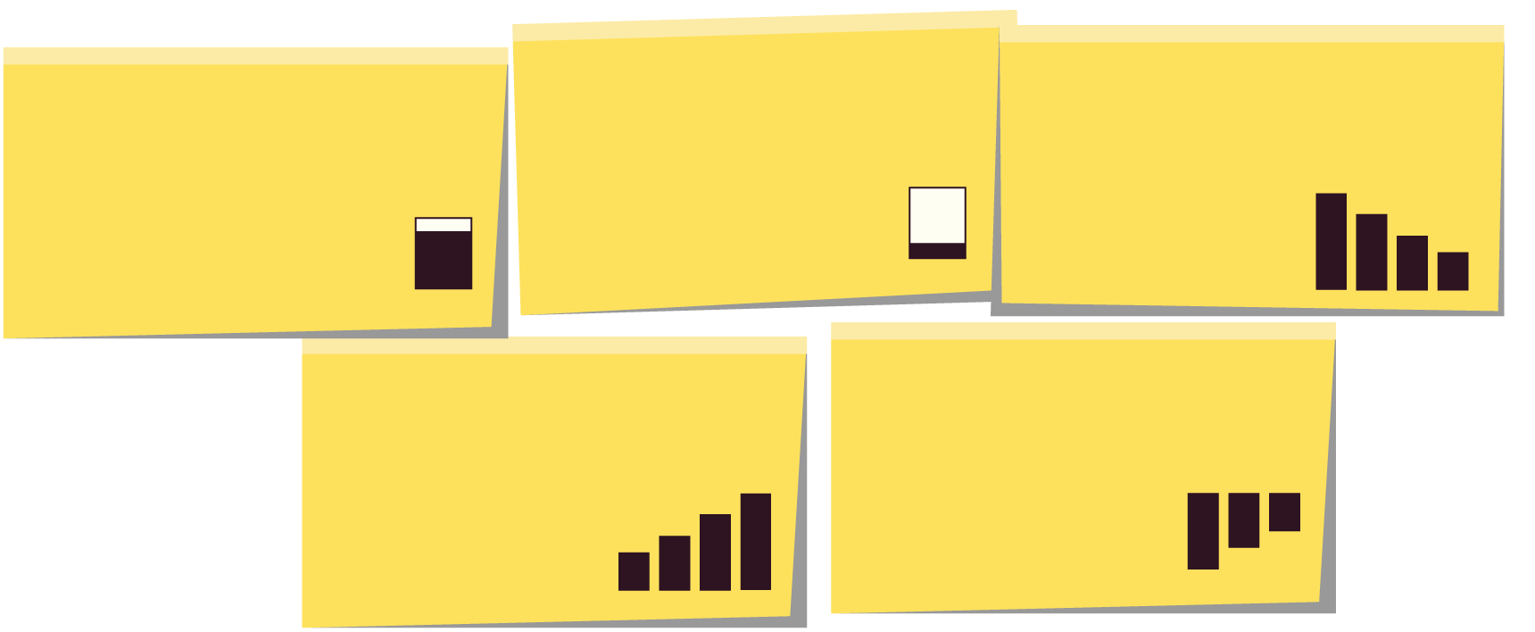 Description of the 5 stress signals that Bloomberg News identified as a way to identify a struggling small college. Each stress signal is written on a post it note, accompanied by a small chart. The five stress signals are: A three year average acceptance rate over 80%, a three year average yield rate below 20%, a declining enrollment, a rising institutional aid, and a persistent operating loss.