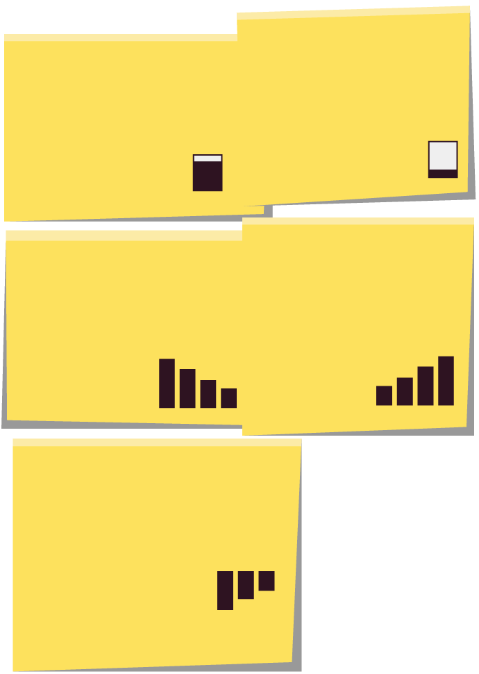 Description of the 5 stress signals that Bloomberg News identified as a way to identify a struggling small college. Each stress signal is written on a post it note, accompanied by a small chart. The five stress signals are: A three year average acceptance rate over 80%, a three year average yield rate below 20%, a declining enrollment, a rising institutional aid, and a persistent operating loss. 