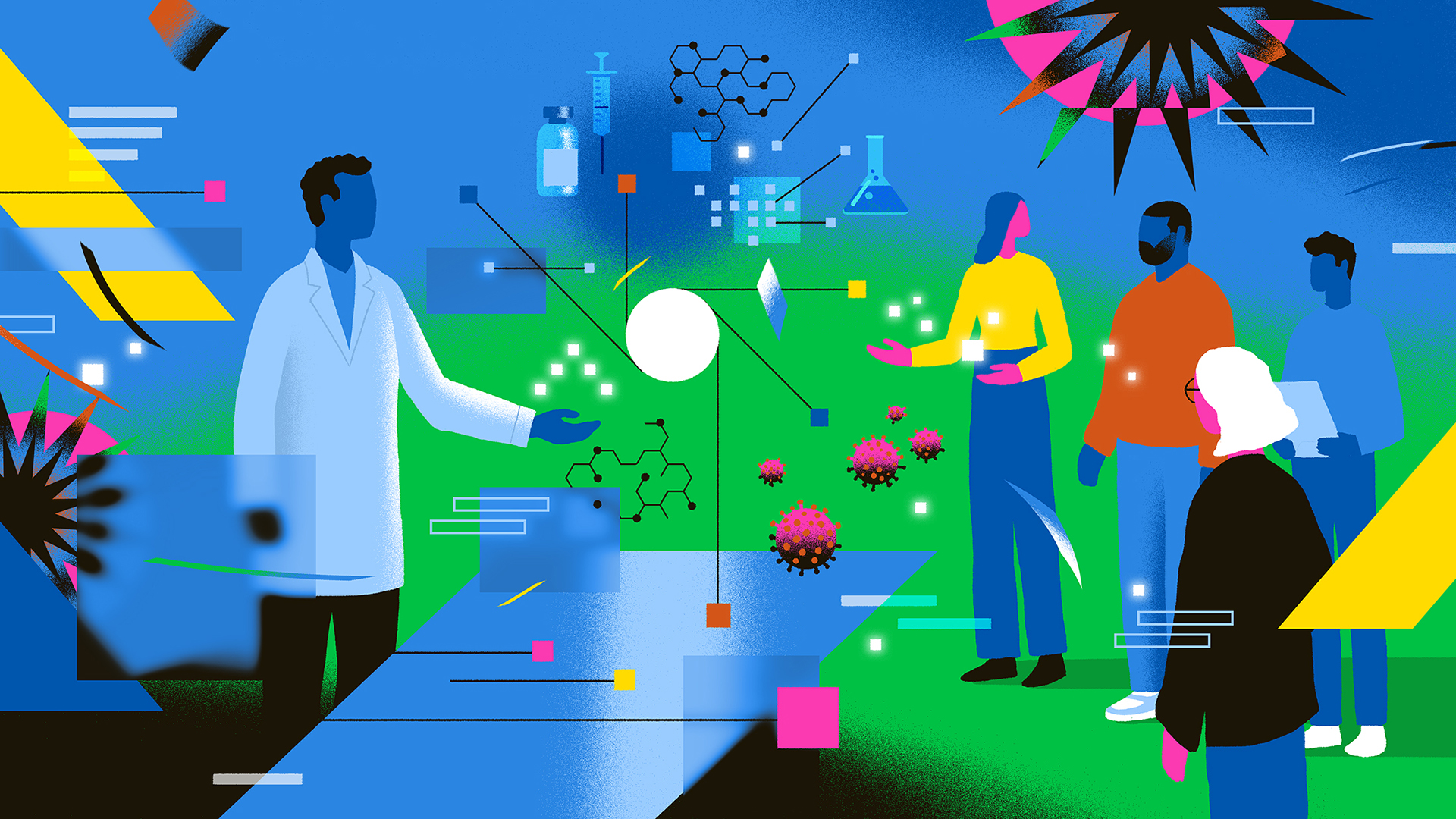 Illustration of a scientist in a lab coat sharing ideas with a diverse group of four figures. Between the figures and the scientist, there are floating images of beakers, syringes, and cell strains. The group of figures appear open and engaged as two of the figures are seen conversing. Another figure holds a paper, looking at the scientist. The last figure is looking directly at the floating images.