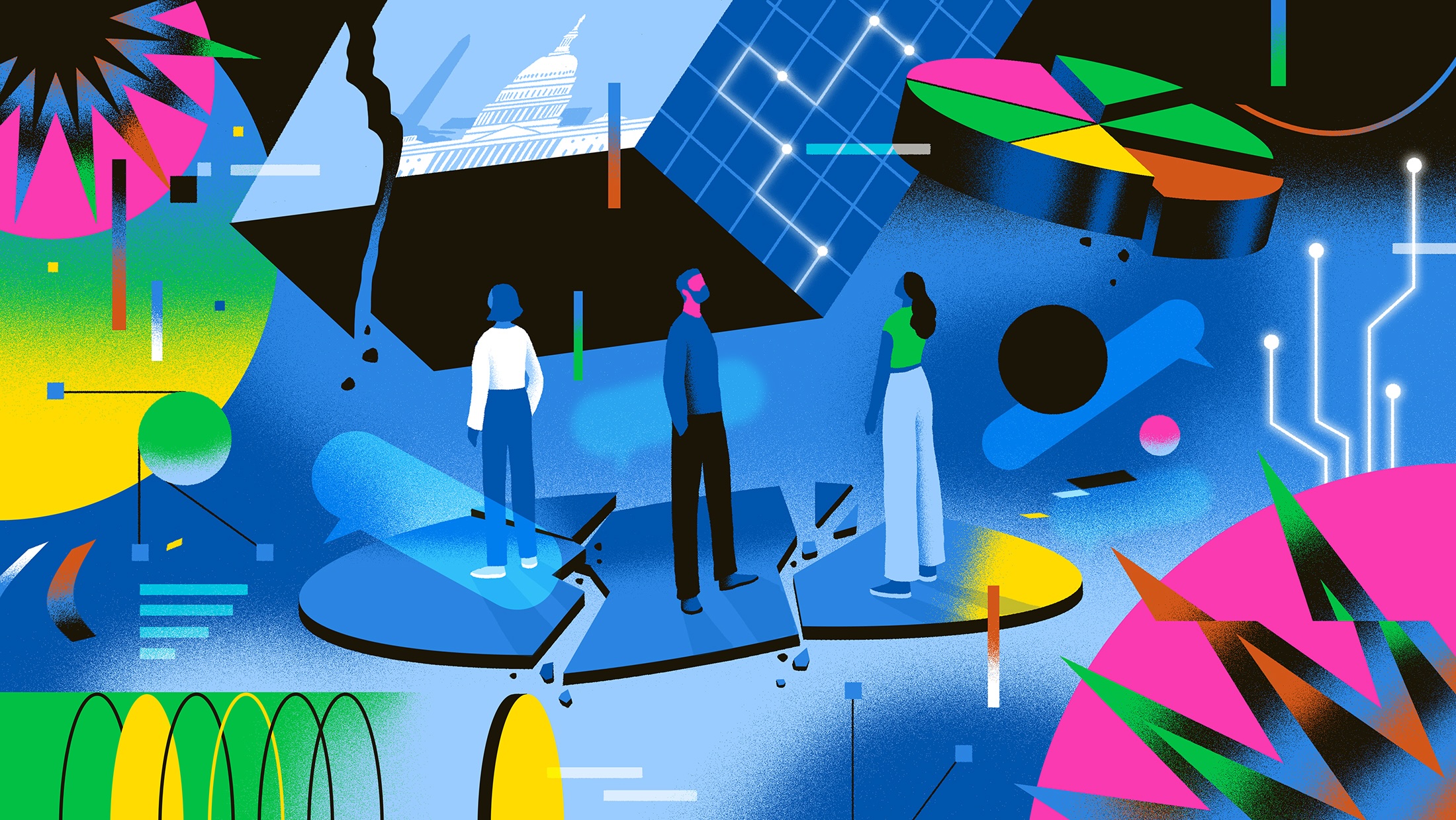 Illustration for the Republic of Distrust series. Three figures are in the center of the illustration each seen on a disjointed platform. Around them are floating objects including a pie chart, text bubbles, a computer grid, a broken image of various Washington monuments and varying shapes. The figures appear to all be looking up.