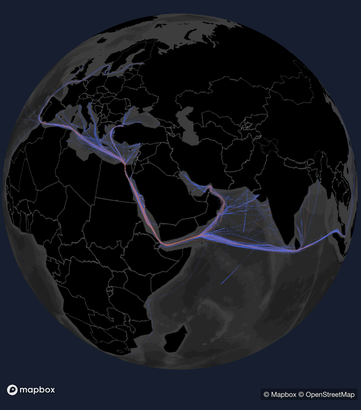 An interactive globe map with a bathymetry basemap that shows tracks of ships as lines seen in the Red Sea from February 19 to March 10. Lines are colored in dark blue for vessels that have known insurance, and colored in orange for vessels where insurance is unknown.