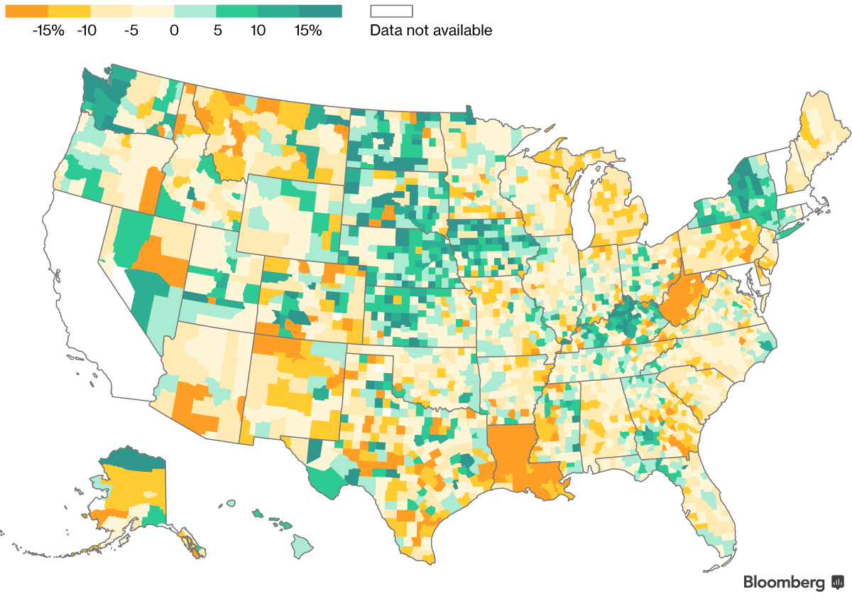 National map showing county enrollment changes from 2017 to 2018