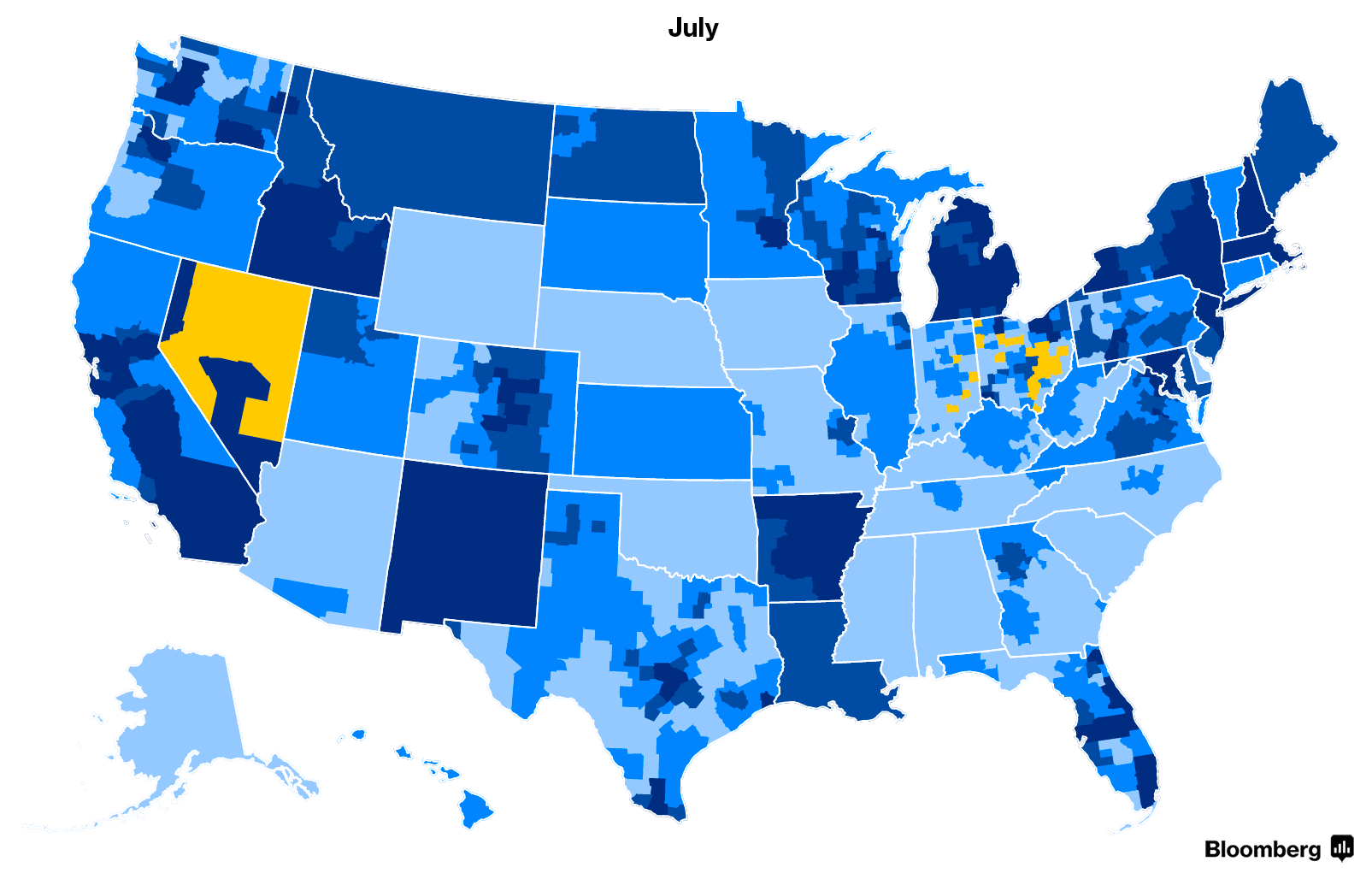 Gif showing U.S. map with number of insurers by county changing from July through October