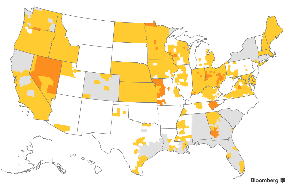 National map showing counties where 2017 insurers exited